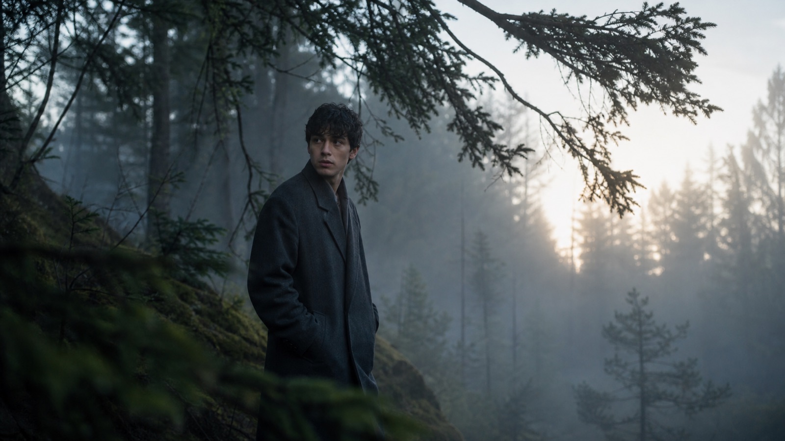 Young man walking through a misty forest