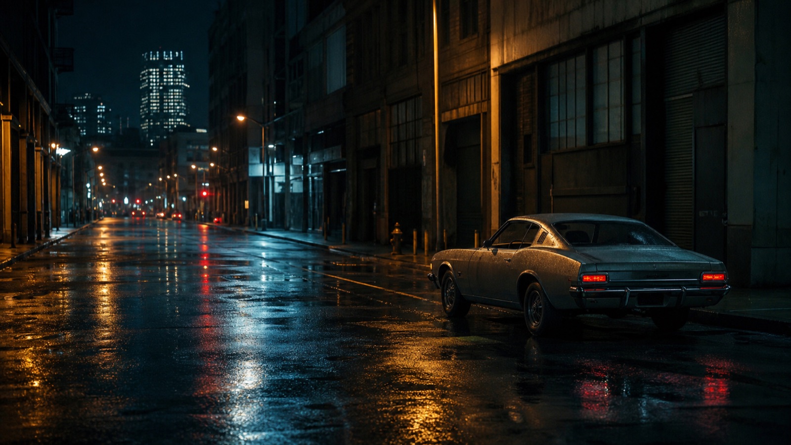 Vintage car on a wet city street at night
